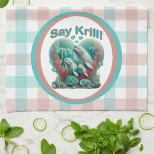 Adorable "Say Krill" Whale Family Portrait Tea Towel