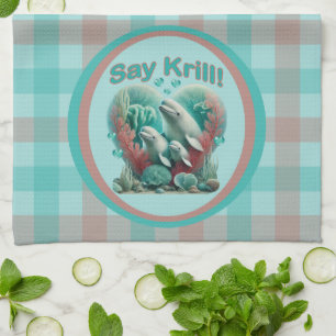Adorable "Say Krill" Whale Family Portrait Tea Towel