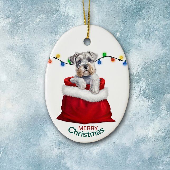 Adorable Schnauzer Terrier Dog in Holiday Gift Bag Ceramic Ornament (Creator Uploaded)