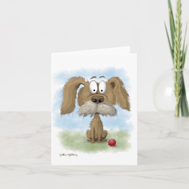 Adorable Scruffy Mutt Cartoon with Ball Card (Front)