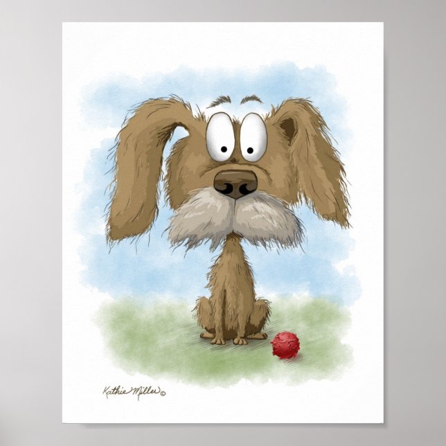 Adorable Scruffy Mutt Cartoon with Ball Poster (Front)