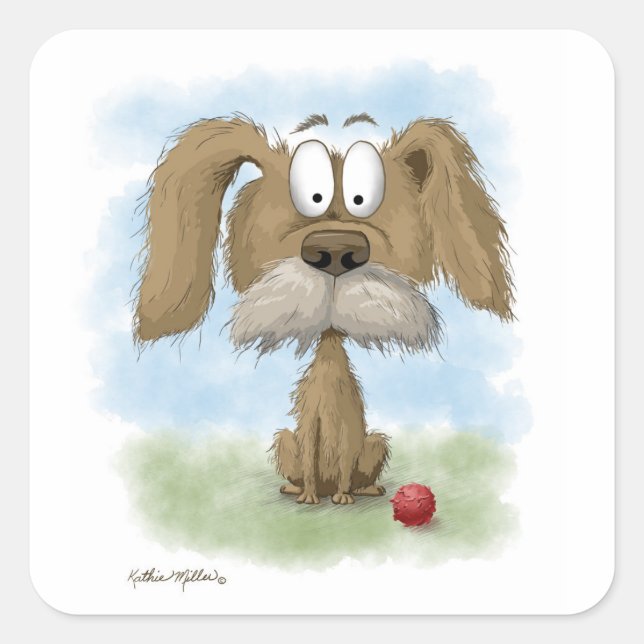 Adorable Scruffy Mutt Cartoon with Ball Square Sticker (Front)