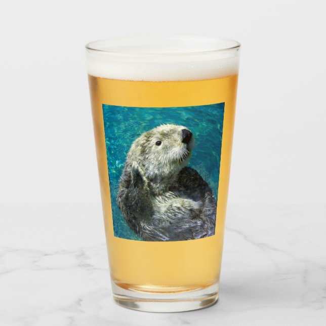 Adorable Sea Otter Cute Blue Water Glass (Front Filled)