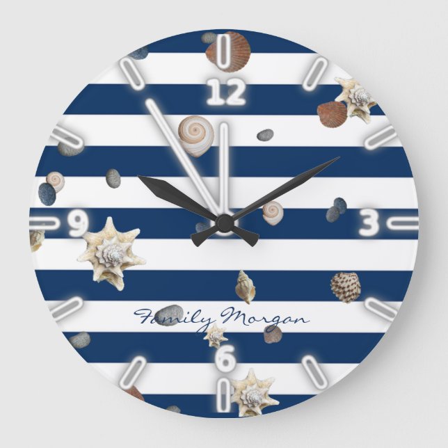 Adorable Seashells ,Navy Blue Stripes-Personalised Large Clock (Front)