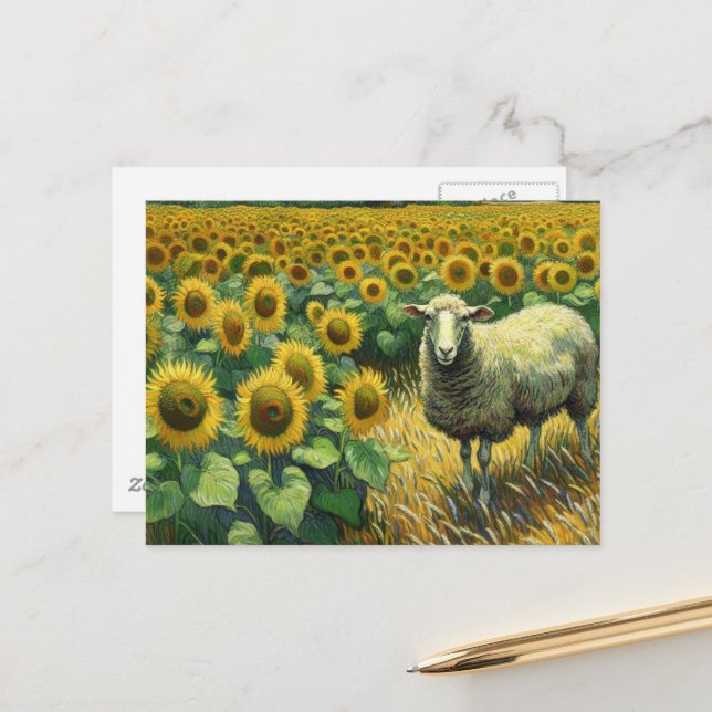 Adorable Sheep in a Sunflower Field Postcard (Front/Back In Situ)