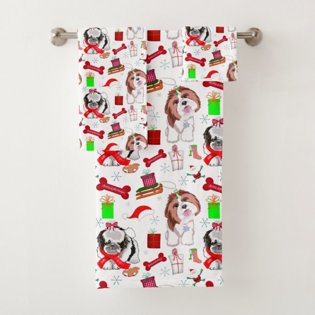 Adorable Shih Tzu Christmas Seamless Pattern Bath Towel Set (Insitu)