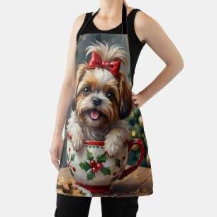 Adorable Shih Tzu Dog in Christmas Mug Cozy Art Apron