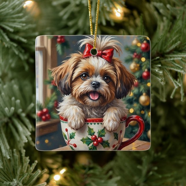 Adorable Shih Tzu Dog in Christmas Mug Cozy Art Ceramic Ornament (Tree)