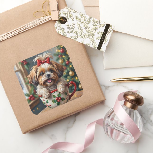 Adorable Shih Tzu Dog in Christmas Mug Cozy Art Square Sticker (Gifting)