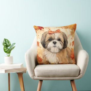ADORABLE SHIH TZU DOG WITH FALL LEAVES CUSHION