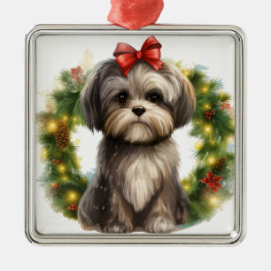 ADORABLE SHIH TZU PUPPY DOG CHRISTMAS WREATH METAL ORNAMENT