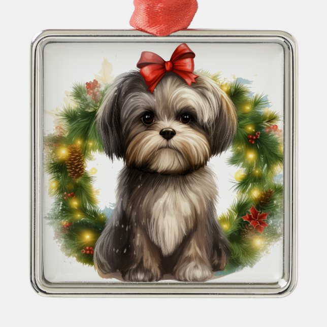ADORABLE SHIH TZU PUPPY DOG CHRISTMAS WREATH METAL ORNAMENT (Front)