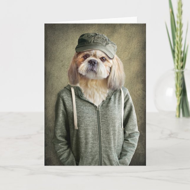 Adorable Shih Tzu Wearing a Cap and Hoodie Card (Front)