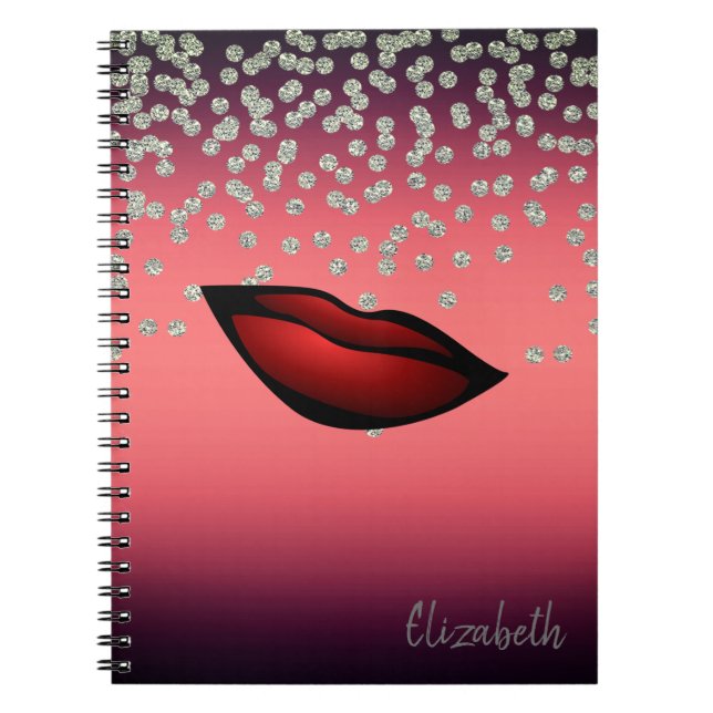 Adorable Shiny Foil  Confetty, Diamond, Red Lips Notebook (Front)