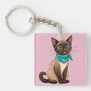 Adorable Siamese Cat With Turquoise Bandanna Key Ring