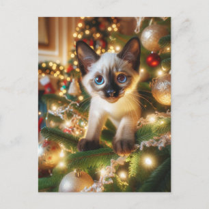 Adorable Siamese Kitten in a Christmas Tree Postcard