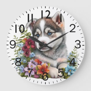 Adorable Siberian Husky Puppy Dog Large Clock
