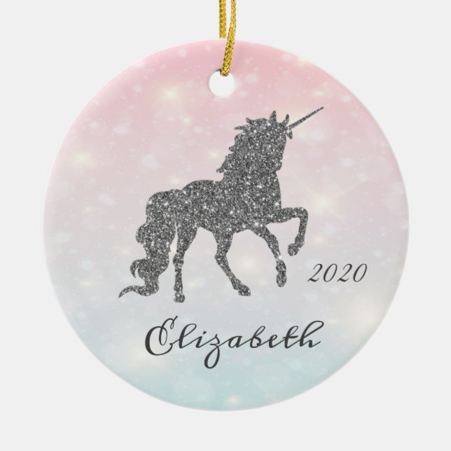 Adorable Silver Glitter Unicorn Bokeh Ceramic Ornament (Front)