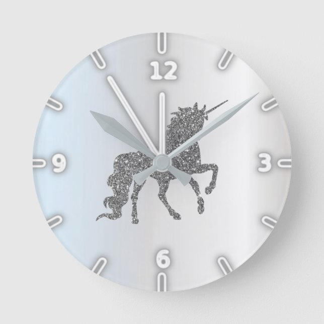 Adorable Silver Glitter Unicorn Round Clock (Front)