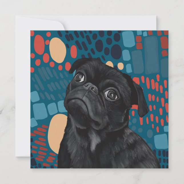 Adorable Sitting Black Pug Dog on Blue Abstract  (Front)