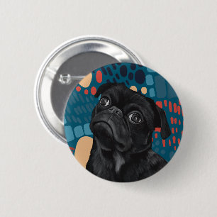 Adorable Sitting Black Pug Dog on Blue Abstract  6 Cm Round Badge