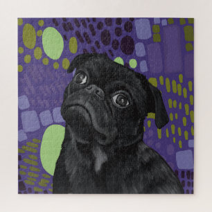 Adorable Sitting Black Pug Dog on Purple Abstract  Jigsaw Puzzle