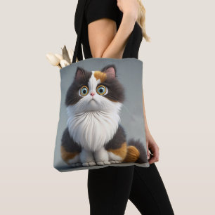 ADORABLE SITTING CARTOON CALICO CAT TOTE BAG