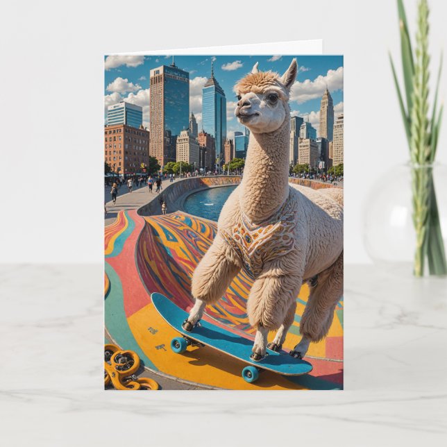 Adorable Skateboard Alpaca All Occasions Greeting Card (Front)