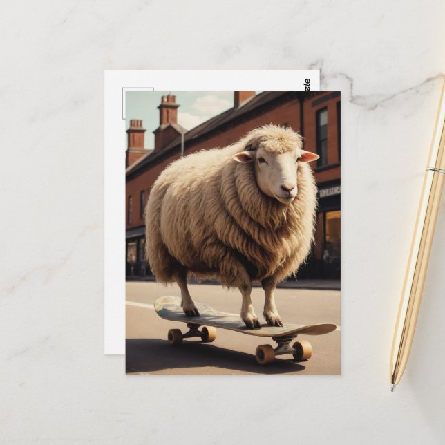 Adorable Skateboarding Sheep Postcard (Front/Back In Situ)
