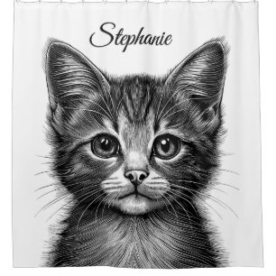 Adorable Sketch of Young Cat Can Personalise    Shower Curtain
