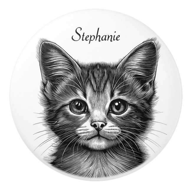 Adorable Sketch of Young Cat   Ceramic Knob (Front)