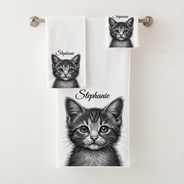 Adorable Sketch of Young Cat Personal  Bath Towel Set (Insitu)