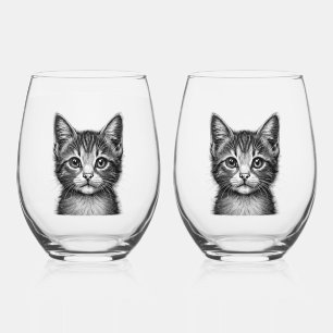 Adorable Sketch of Young Cat Stemless Wine Glass