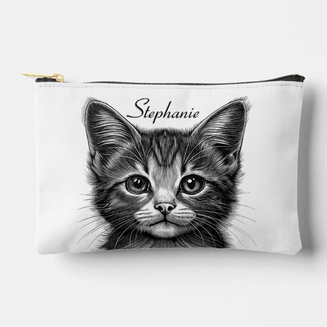 Adorable Sketch of Young Cat with Custom Text Accessory Pouch (Front)