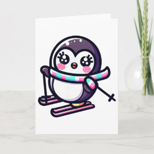 Adorable Ski Penguin Striped Scarf Winter Snow Card