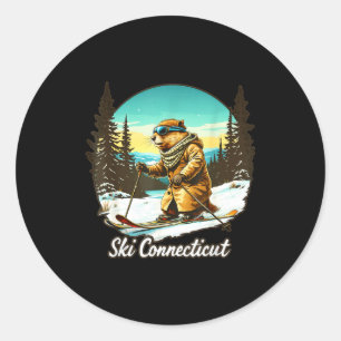 Adorable skiing beaver illustration connect with classic round sticker