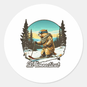 Adorable Skiing Beaver Illustration Connect With N Classic Round Sticker