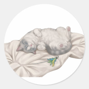 Adorable Sleeping Cat BB Resting On Soft Cushion Classic Round Sticker