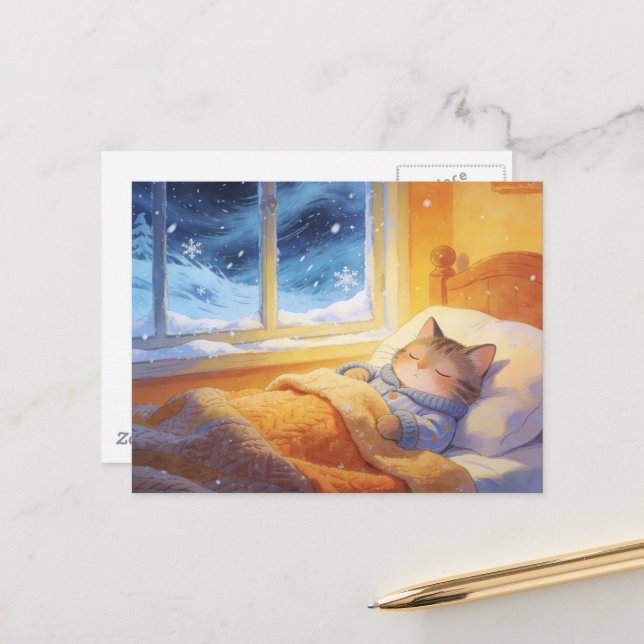 Adorable Sleeping Cat Winter Snow Outside Postcard (Front/Back In Situ)