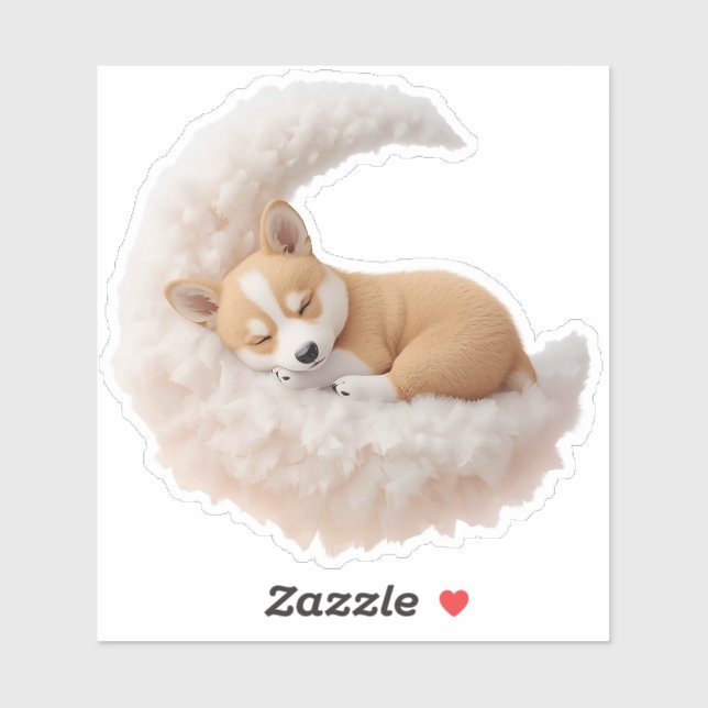 Adorable Sleeping Puppy on Fluffy Moon Sticker. (Sheet)