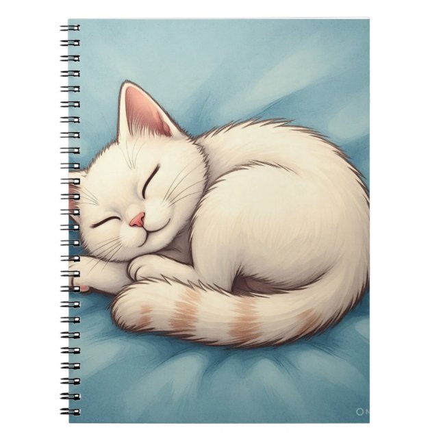Adorable Sleeping White Cat Blue Notebook Cover (Front)
