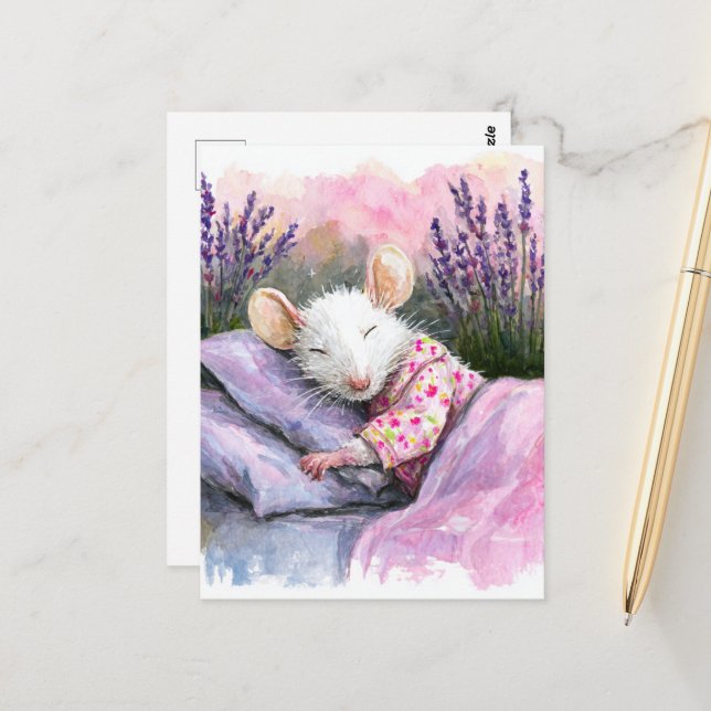 Adorable Sleeping White Mouse Postcard (Front/Back In Situ)