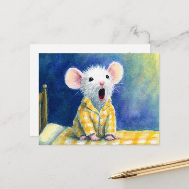 Adorable Sleepy Mouse in PJs Postcard (Front/Back In Situ)