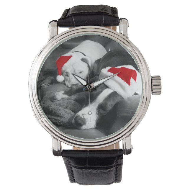 adorable sleepy pitbull puppies christmas santa watch (Front)