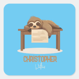 Adorable Sleepy Studying Sloth with Kids Name Square Sticker