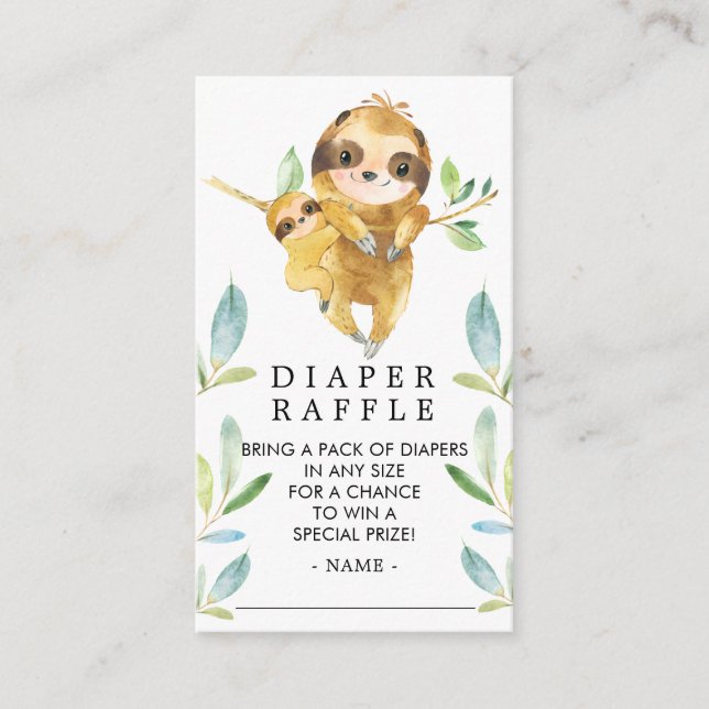 Adorable Sloth Baby Shower Diaper Raffle Ticket Enclosure Card (Front)