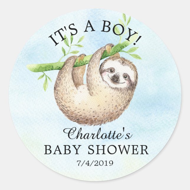 Adorable Sloth Baby Shower Favour Sticker (Front)