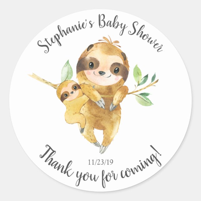Adorable Sloth Baby Shower Favour Sticker (Front)