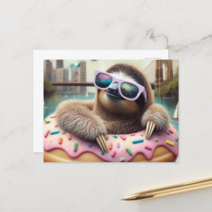 Adorable Sloth floating in a Doughnut Postcard