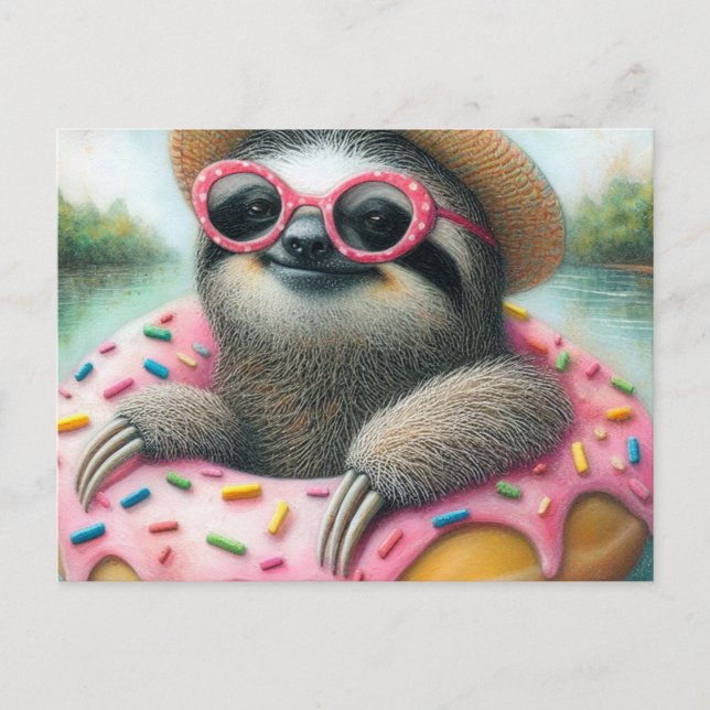 Adorable Sloth floating in a Glazed Doughnut  Postcard (Front)